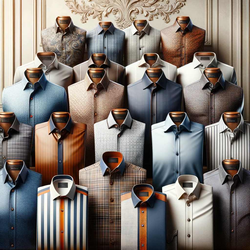 Dall·e 2024 03 12 22.13.53 design an image showcasing a variety of men's shirts for the grossir fashion catalog. the image should feature a collection of shirts, each with a uni